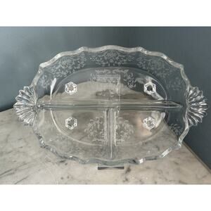 Fostoria Meadow Rose 3 Part Glass Footed Relish Dish Etched Crystal Vintage